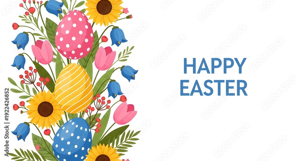 Fototapeta premium Easter floral arrangement with eggs and flowers on white background