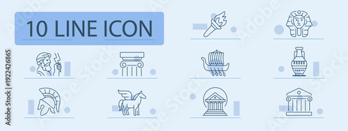Ancient history set icon. Statue, column, torch, pharaoh, helmet, pegasus, temple, amphora, mythology, archaeology, civilization, heritage, culture, monument, artifact, classical