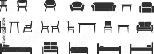 Collection of diverse furniture silhouettes including chairs, sofas, tables, and beds arranged in grid format for interior design, catalogs, and creative applications