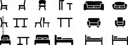 Collection of diverse furniture silhouettes including chairs, tables, sofas, armchairs, and beds arranged in grid format for interior design, catalogs, and creative applications