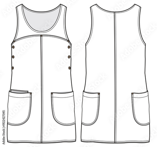 Sleeveless pinafore dress design flat sketch fashion illustration with front and back view, Sleeveless denim sheath dress cad drawing vector template
