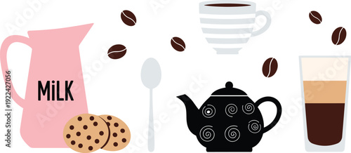 Coffee and Breakfast Vector Illustration Set with Milk Jug Chocolate Chip Cookies Teapot and Latte Glass Isolated on White Background
