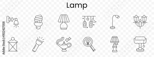 Lamp lighting set icon. Wall light, energy bulb, table lamp, decorative lantern, desk lamp, street light, flashlight, magic lamp, magnifier
