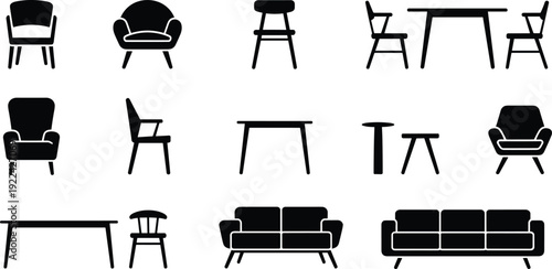 Collection of diverse furniture silhouettes including chairs, tables, sofas, armchairs, and stools arranged in grid format for interior design, catalogs, and creative applications
