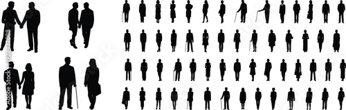Collection of diverse human silhouettes in pairs and individuals, showcasing walking, standing, and assisted postures for demographic, social, educational, and creative design applications