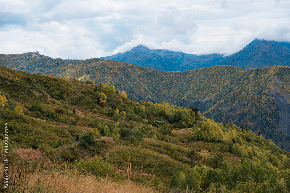Fototapeta premium Autumn Trekking Path in Svaneti Georgia, Scenic Mountain Landscape from Mestia to Ushguli via Zhabeshi and Adishi, Nature Adventure Concept