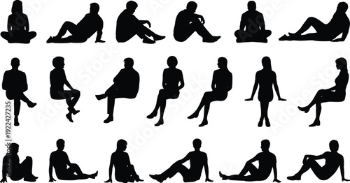 Collection of eighteen seated human silhouettes in diverse casual sitting positions, showcasing posture, ergonomics, and body language for educational, artistic, and creative design applications