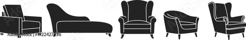 Collection of five diverse seating furniture silhouettes including armchair, chaise lounge, wingback, club chair, and modern designs for interior, furniture, and creative applications