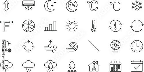 Weather climate line icon set, temperature humidity wind rain snow sun forecast symbols for web app ui design
