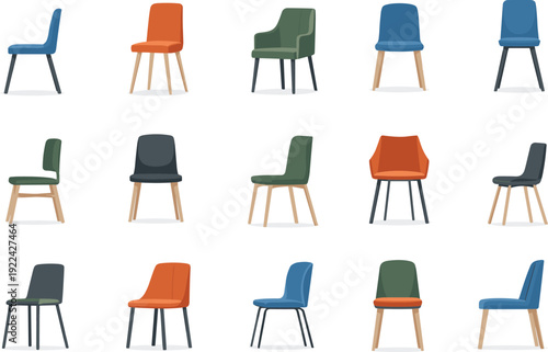 Collection of sixteen modern chair designs in grid arrangement, showcasing diverse colors, shapes, armrests, and leg styles for interior design, furniture, and creative applications