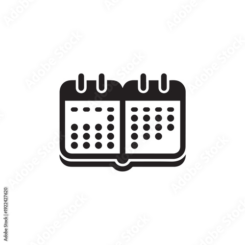 A vector icon depicting an open calendar showing two months, symbolizing scheduling, events, and time management in black on a transparent background