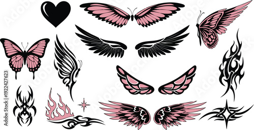 Gothic y2k butterfly wings and tribal tattoo elements with pink accents