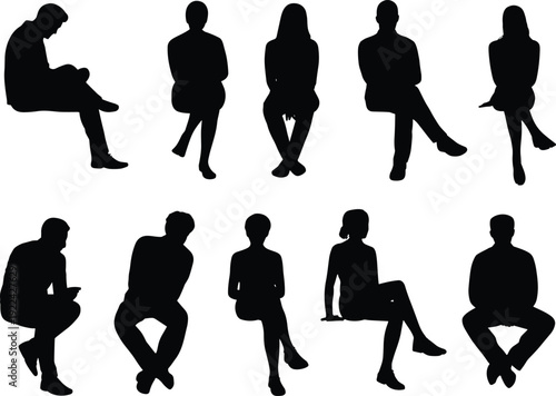 Collection of ten seated people silhouettes in varied postures and orientations, symbolizing body language, ergonomics, lifestyle, and design for educational and creative applications