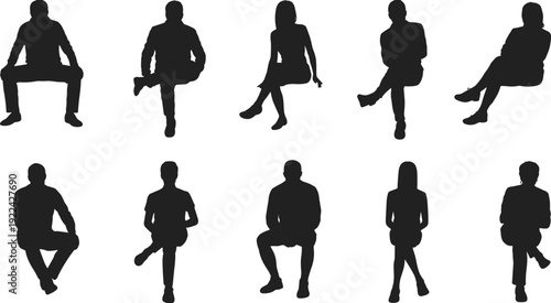 Collection of ten seated people silhouettes in varied postures and orientations, symbolizing body language, ergonomics, psychology, and lifestyle for educational and creative design applications