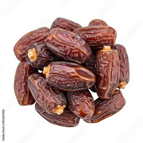 A handful of dates piled together on a white background.
