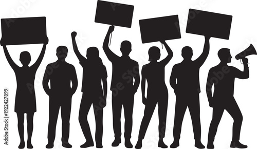 Silhouetted figures holding signs and a megaphone protest