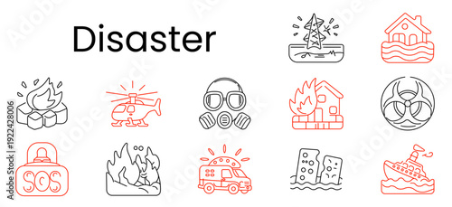 Disaster set icon. Power outage, flood house, fire, helicopter rescue, gas mask, biohazard, sos alarm, wildfire, ambulance, collapse, shipwreck, emergency, catastrophe, hazard, crisis
