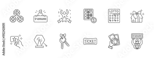 Lottery set icon. Collection with numbered balls, winner check, jackpot star, ticket grid, lotto card, gift house, scratch card, roulette wheel, keys, ticket stub, cash prize