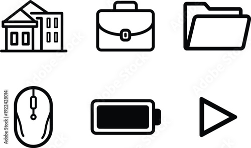Black and white line icons of business and technology objects