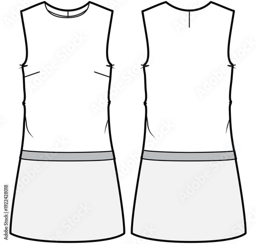 Women Sleeveless Sport shift dress design flat sketch fashion illustration with front and back view. Drop waist Tennis dress sports wear jersey uniform kit for girls and ladies