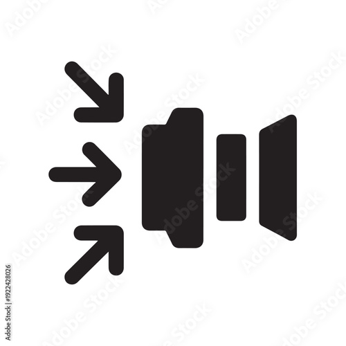Camera lens mounting icon with directional arrows showing assembly process for photography equipment and optical accessories on dark transparent checkered background