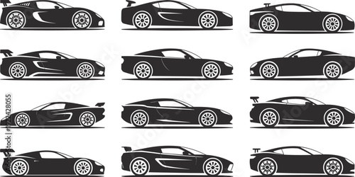 Collection of twelve sleek sports car silhouette illustrations in side profile view, showcasing aerodynamic designs, spoilers, and stylish wheels for automotive design and graphic projects