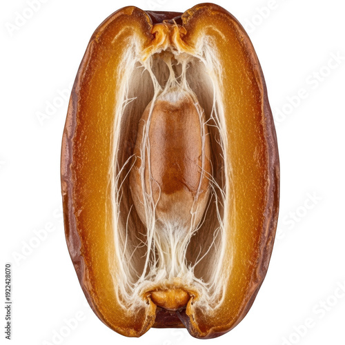 A detailed view of a half cut date with bean, showcasing its inner texture and structure.
