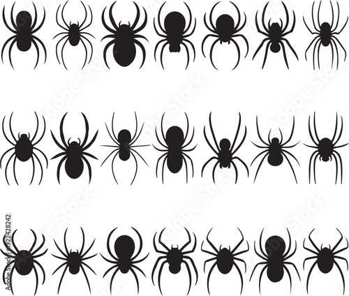 Silhouettes of a black predatory spiders.
