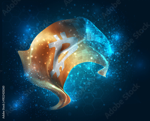 Bitcoin, vector 3d flag virtual triangular polygons on a color background
