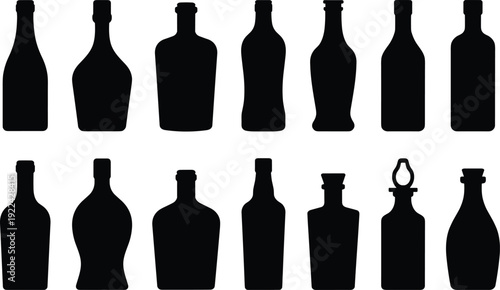Assortment of Black Silhouette Bottles for Drinks and Liquids on White Background container