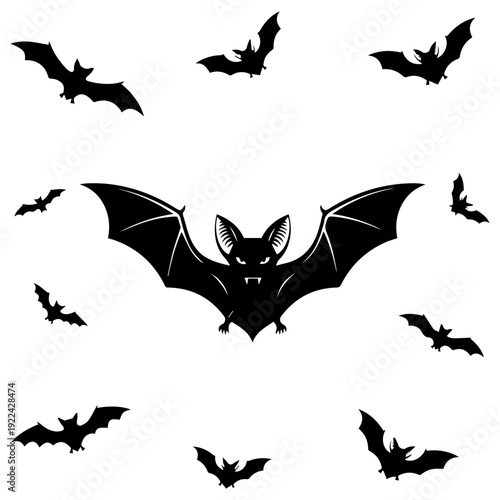 Bat swarm spooky silhouette on white background for Halloween celebration