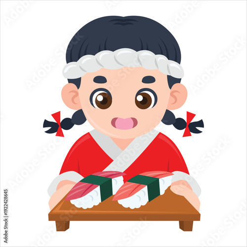 Japanese chef holding a tray of fresh sushi