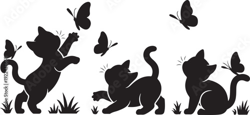 Silhouettes of cats with butterflies