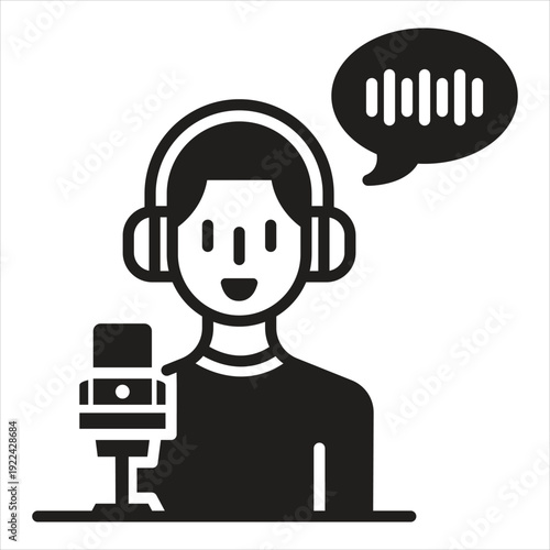 Podcaster recording audio with microphone and headphones.