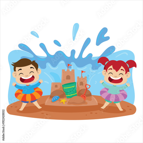 Happy children playing on beach with sandcastle and water splash