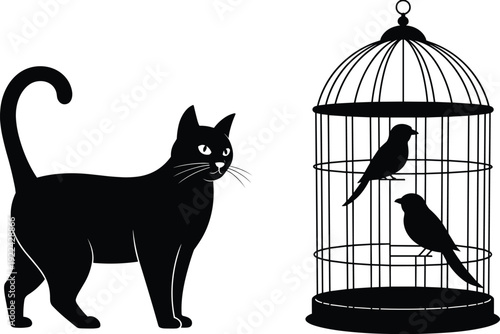 Black cat silhouette looking at birds in a cage on white background Keywords: cat, black cat, silhouette, bird, birds, cage