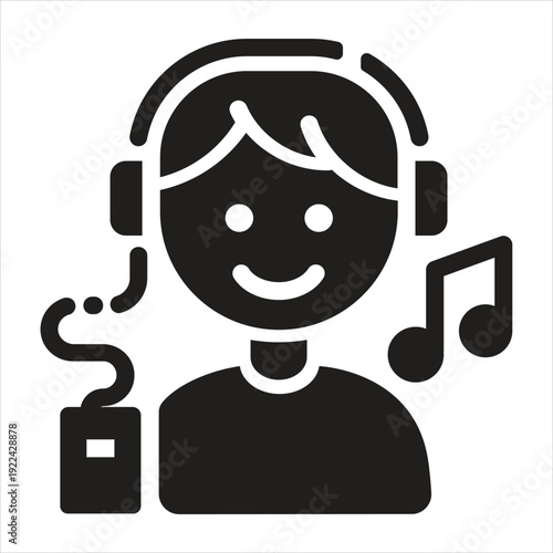Person listening to music with headphones and notes icon