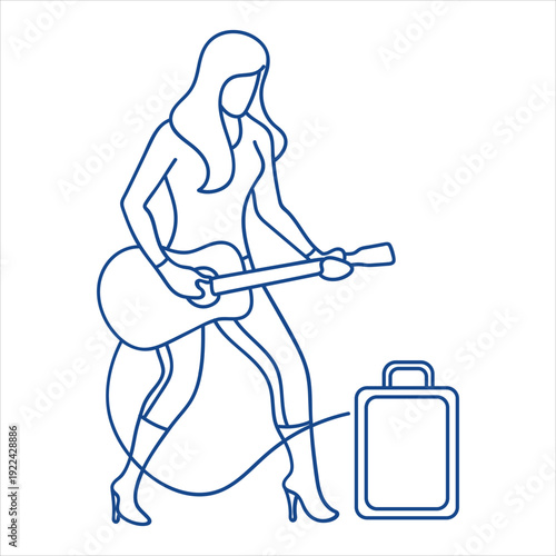 Female musician playing acoustic guitar with amplifier