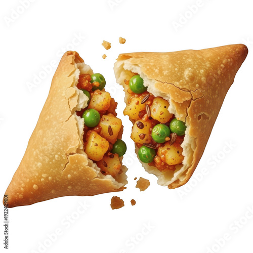 A samosa cut in half revealing its filling of potatoes and peas.
