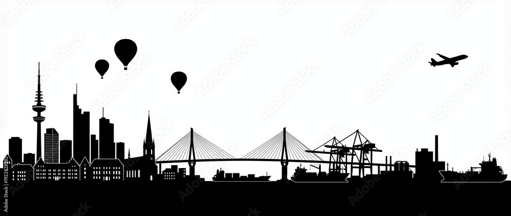 Obraz premium Modern city skyline with industrial port and global transportation elements a detailed black silhouette vector illustration for urban development concepts