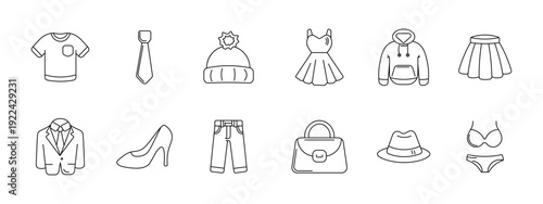 Clothing set icon. T shirt, tie, winter hat, dress, hoodie, skirt, suit jacket, high heel, jeans, handbag, fedora, lingerie, fashion collection.