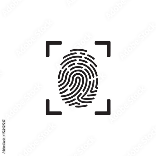 Fingerprint scanning icon with digital identification frame for biometric security verification and personal authentication access on transparent background in black