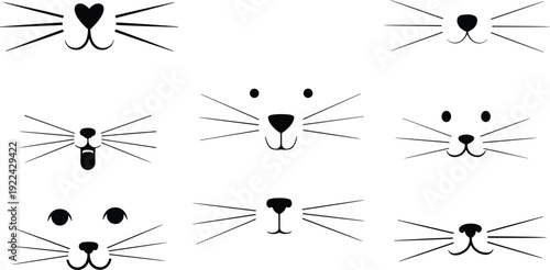Collection Of Cute Cartoon Cat Muzzle And Whiskers Illustrations On White Keywords: cat, muzzle, face, whiskers, nose, mouth