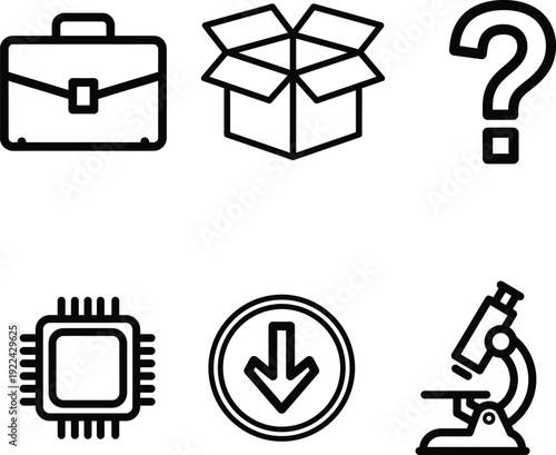 black and white line icons of business office and science tools and symbols