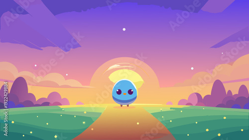 A vector illustration of colorful Easter eggs in a sunny spring meadow with green grass, flowers, and a bright rainbow over a nature landscape of hills and clouds under a blue sky at sunrise