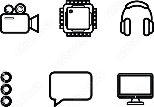 black line icons for technology and media tools and devices