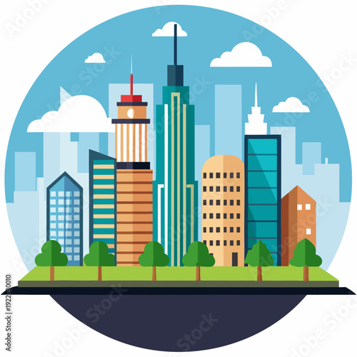 Modern vector illustration of a green eco city landscape featuring urban buildings, houses, and skyscrapers under a clear sky with stylized trees and a street road design