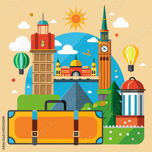 Vintage cartoon vector illustration set featuring iconic Paris architecture and European monuments like a church, castle tower, and temple silhouette for travel and tourism design