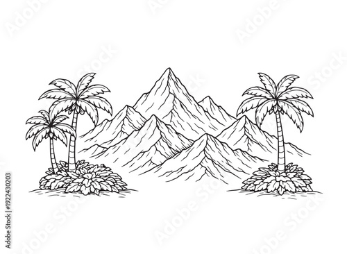 Mountains and palm trees vector sketch drawing on a white background