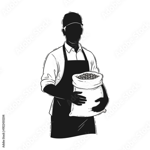 Barista Holding Bag of Coffee Beans, Silhouette Illustration